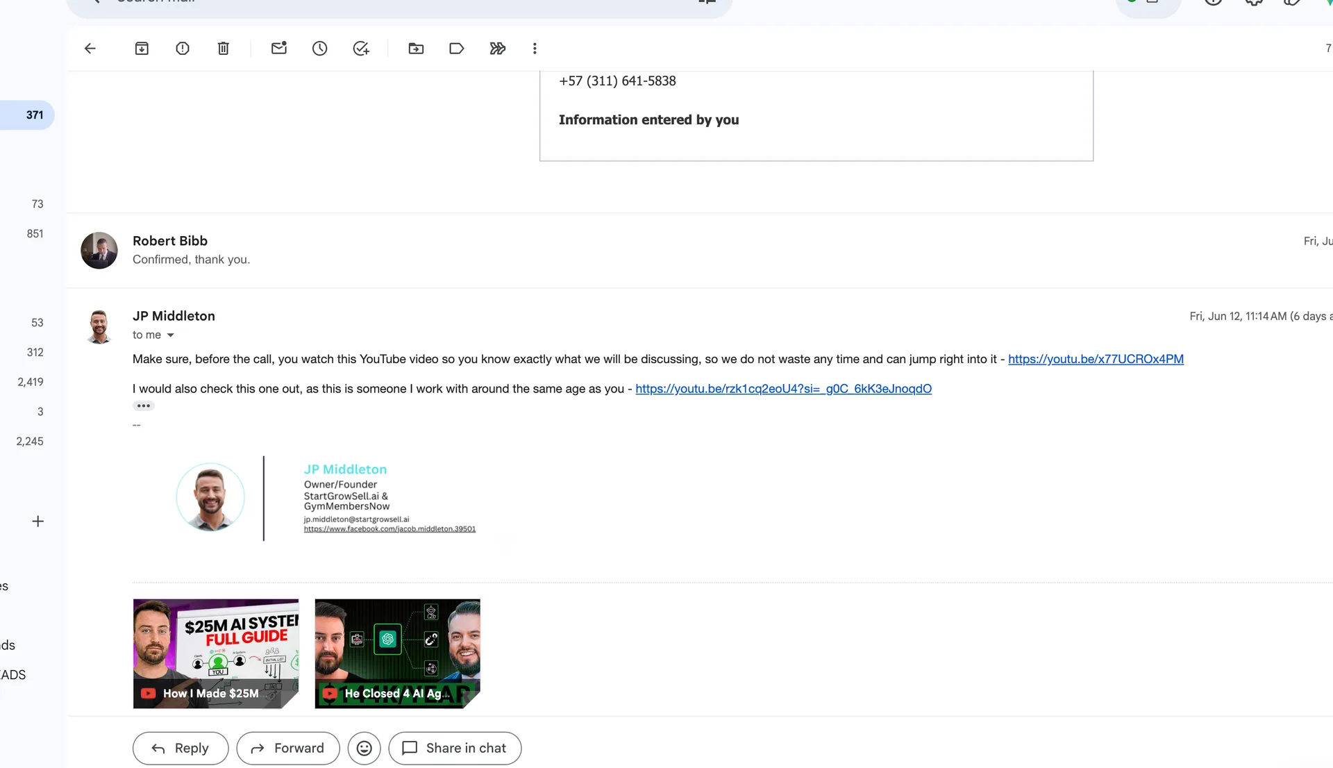 June 12 email from JP Middleton asking me to watch YouTube videos before the call, and my confirmation