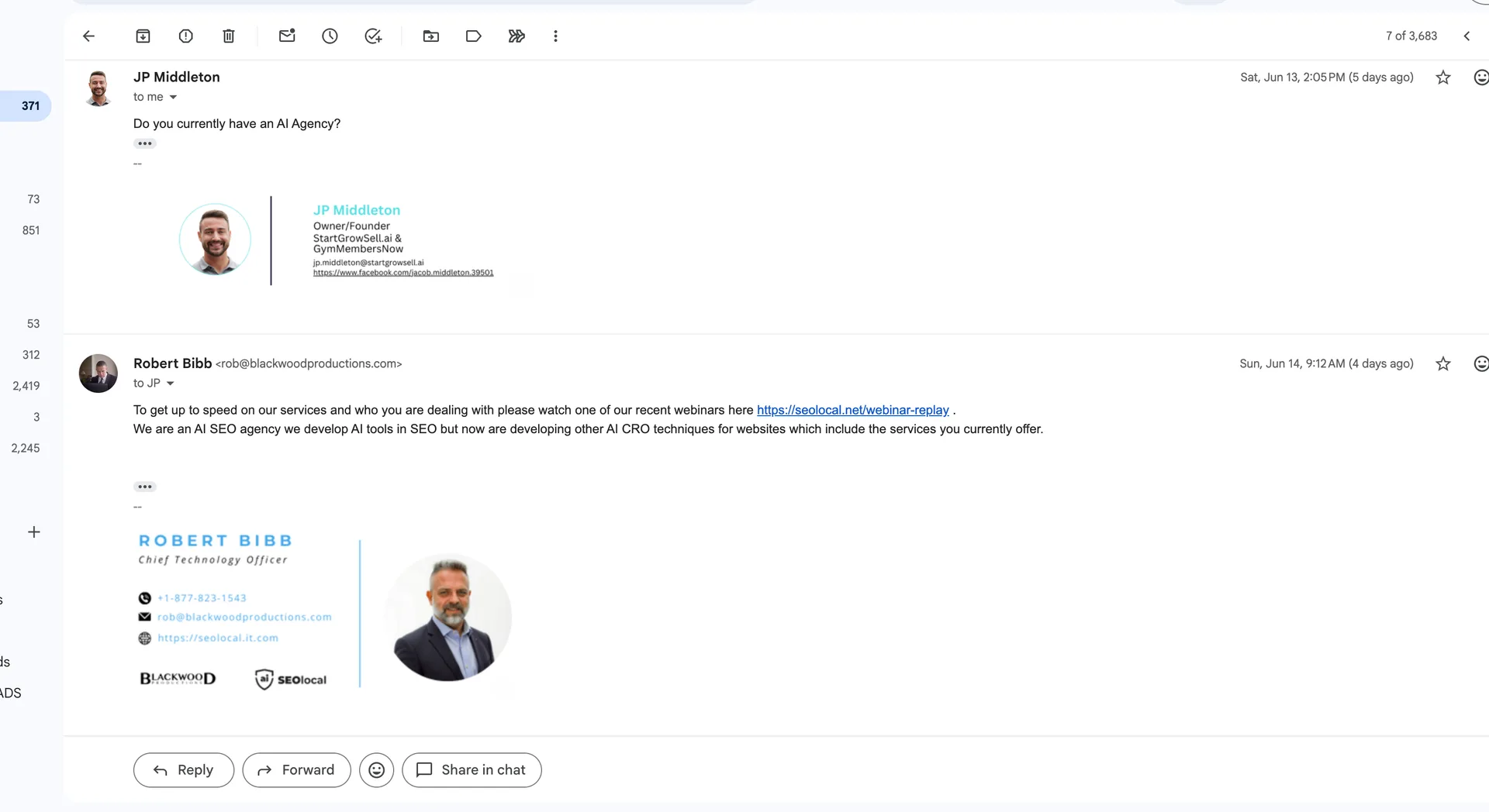 June 13 email asking if I have an AI agency, and my June 14 reply sending a webinar explaining my agency