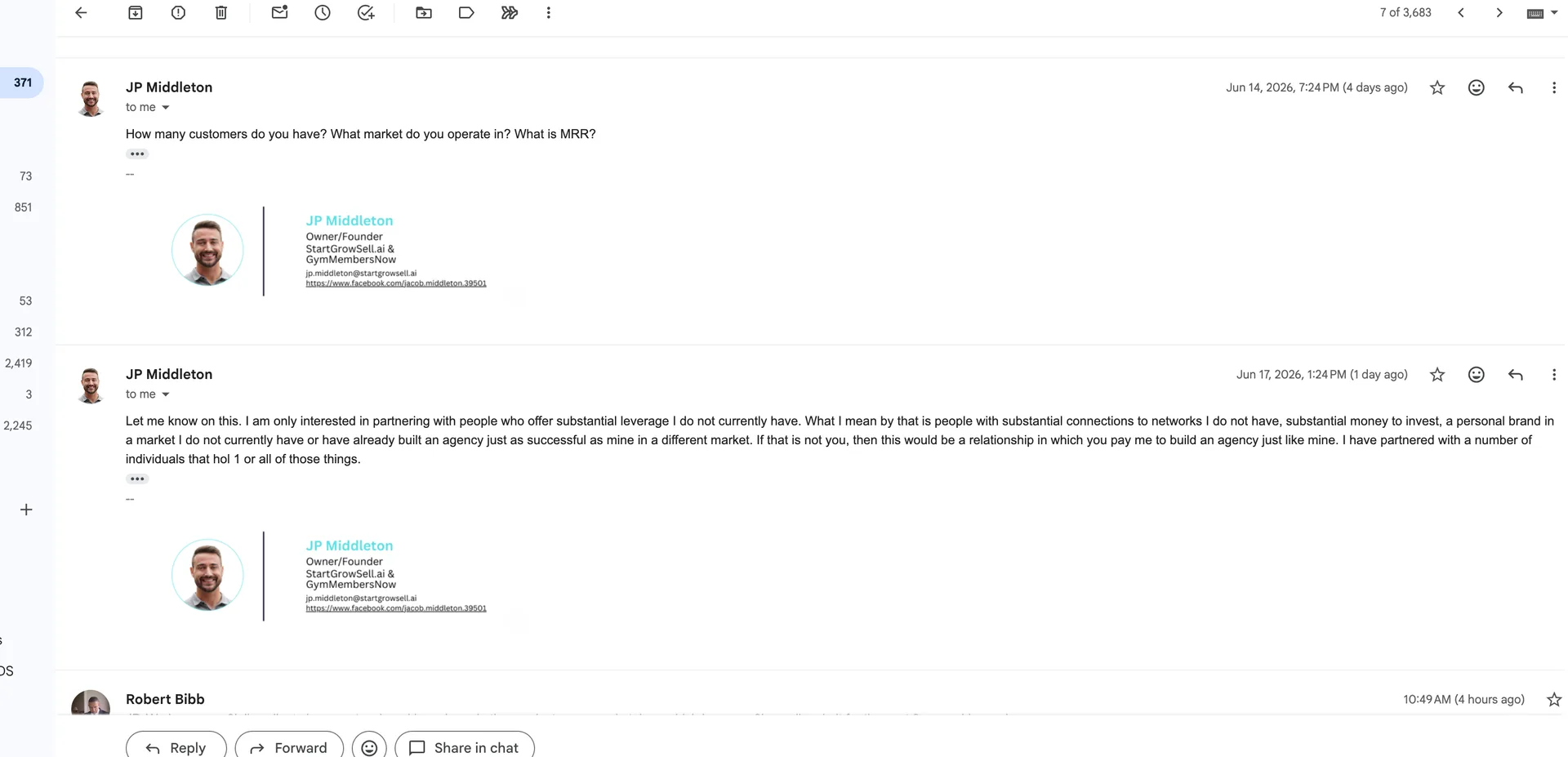 June 14 questions about customers, market and MRR, and June 17 message about only partnering with people who offer leverage or who pay him