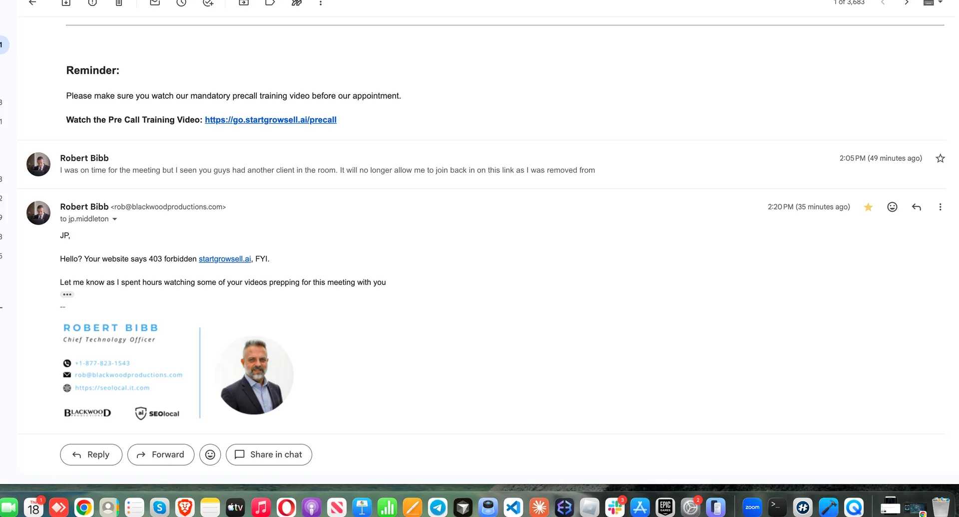 June 18 afternoon emails: I note I was on time but removed from the call, and that the website returns a 403 forbidden error